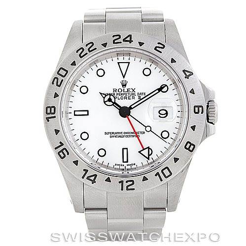 This image shows a front view of the Rolex Explorer 16570 Men's Stainless Steel White Dial 16570 Men's Stainless Steel White Dial watch, featuring the dial, bezel, and part of the bracelet.