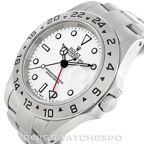 The image shows a Rolex Explorer 16570 Men's Stainless Steel White Dial 16570 Men's Stainless Steel White Dial watch from an angled view, highlighting the dial, bezel, crown, and stainless steel bracelet.