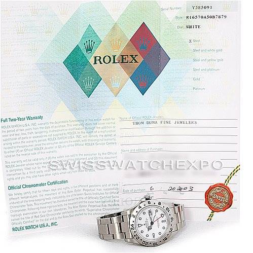 The image shows a Rolex Explorer 16570 Men's Stainless Steel White Dial 16570 Men's Stainless Steel White Dial watch alongside its warranty and chronometer certification documents.