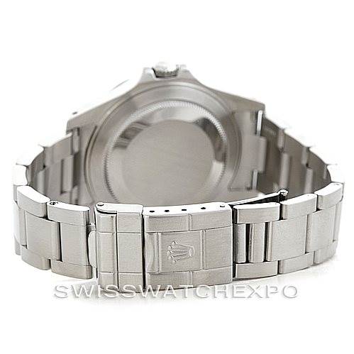 This image shows the case back and clasp of a Rolex Explorer 16570 Men's Stainless Steel White Dial 16570 Men's Stainless Steel White Dial watch from an angled rear view.