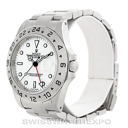 The image shows the front and side view of a Rolex Explorer 16570 Men's Stainless Steel White Dial 16570 Men's Stainless Steel White Dial watch with a white dial and metal bracelet.