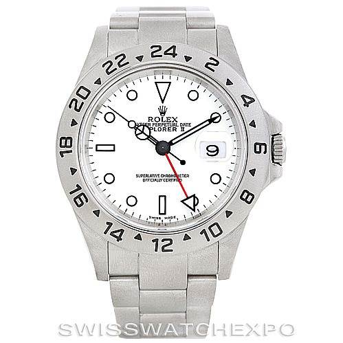 The image shows a full frontal view of the Rolex Explorer 16570 Men's Stainless Steel White Dial 16570 Men's Stainless Steel White Dial watch, displaying the dial, bezel, bracelet, and crown.