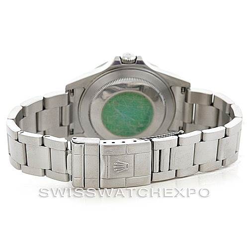 This image shows the back view of a Rolex Explorer 16570 Men's Stainless Steel White Dial 16570 Men's Stainless Steel White Dial watch, focusing on the case back and bracelet clasp.