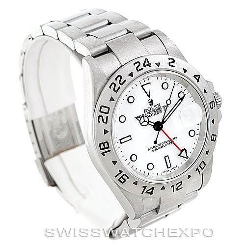 This image shows a Rolex Explorer 16570 Men's Stainless Steel White Dial 16570 Men's Stainless Steel White Dial watch, highlighting its face, bezel with 24-hour markings, and metal bracelet from a front-left angle.