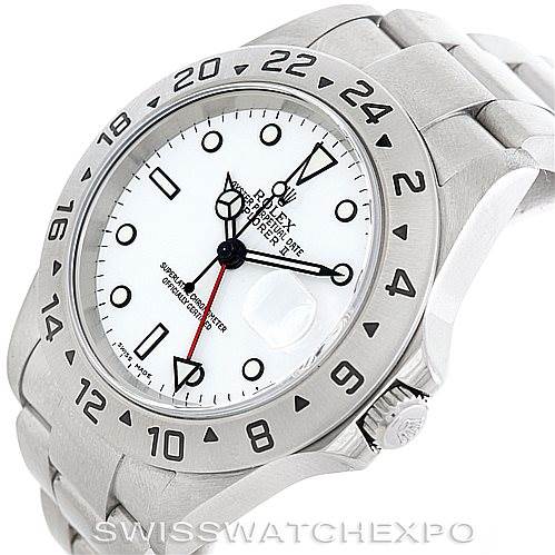 The image shows a front view of a Rolex Explorer 16570 Men's Stainless Steel White Dial 16570 Men's Stainless Steel White Dial watch, highlighting the dial, bezel, case, crown, and part of the bracelet.