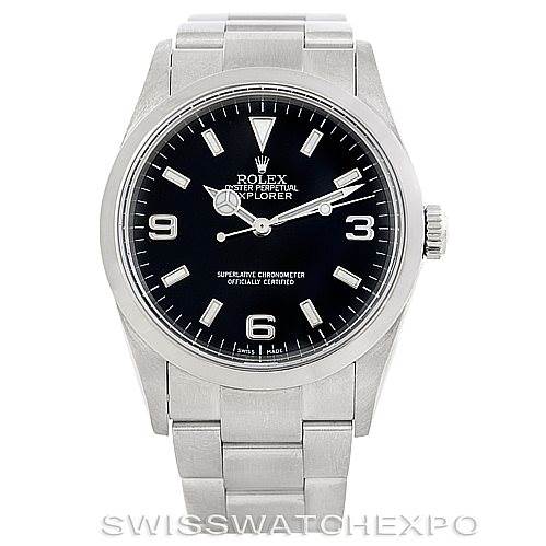 The image shows a front view of a Rolex Explorer 114270 Men
s Stainless Steel Black Dial 114270 Men
s Stainless Steel Black Dial watch, highlighting its black dial, stainless steel case, and bracelet.