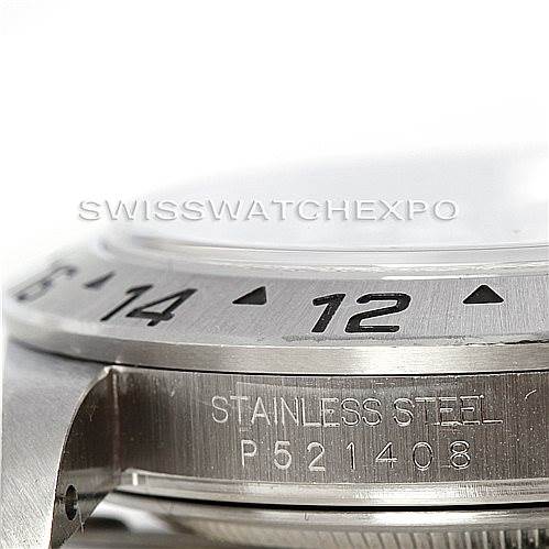 This image shows a close-up of the bezel and case side of a Rolex Explorer 16570 Men's Stainless Steel Black Dial 16570 Men's Stainless Steel Black Dial watch, highlighting the stainless steel engraving.