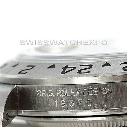 The image shows a close-up of the Rolex Explorer 16570 Men's Stainless Steel Black Dial 16570 Men's Stainless Steel Black Dial watch case and bezel, highlighting the model number "16570."