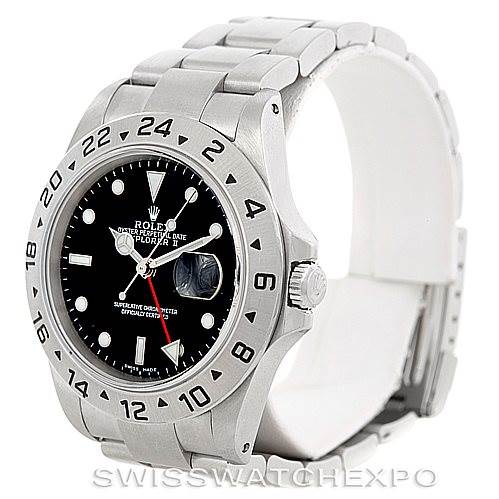 The image shows a Rolex Explorer 16570 Men's Stainless Steel Black Dial 16570 Men's Stainless Steel Black Dial model watch, angled to display its face, bezel, crown, and part of the bracelet.