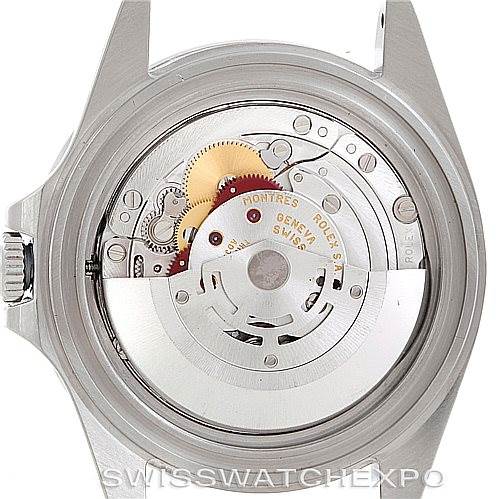 The image shows the back view of a Rolex Explorer 16570 Men's Stainless Steel Black Dial 16570 Men's Stainless Steel Black Dial watch, highlighting its internal movement components.