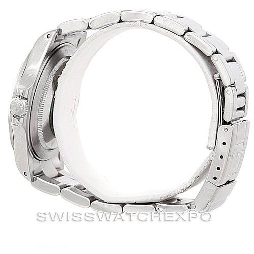 The image shows the side profile of the Rolex Explorer 16570 Men's Stainless Steel Black Dial 16570 Men's Stainless Steel Black Dial watch, highlighting its case, bracelet, and clasp.