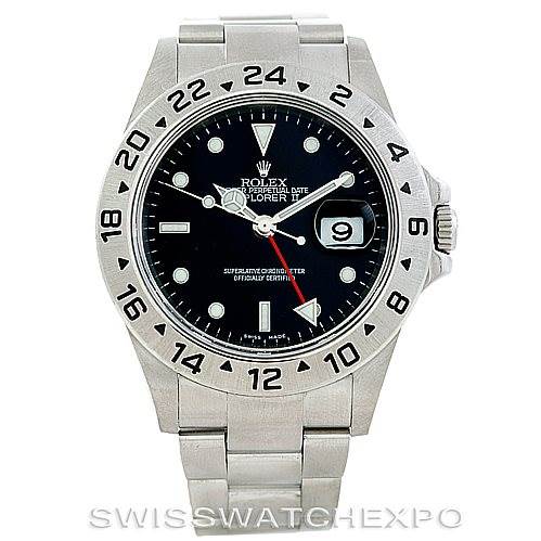 The image shows a front view of the Rolex Explorer 16570 Men's Stainless Steel Black Dial 16570 Men's Stainless Steel Black Dial model watch, featuring the face, bezel, and bracelet.
