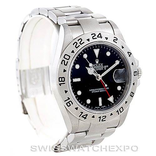 The image shows a Rolex Explorer 16570 Men's Stainless Steel Black Dial 16570 Men's Stainless Steel Black Dial watch from a three-quarter view, highlighting the bezel, dial, and part of the bracelet.
