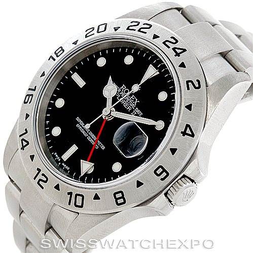 The image shows a Rolex Explorer 16570 Men's Stainless Steel Black Dial 16570 Men's Stainless Steel Black Dial watch, featuring its dial, bezel, crown, and part of the bracelet, viewed from a side angle.