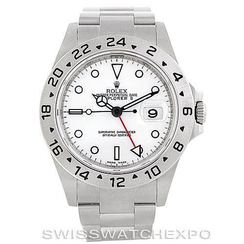 The image shows a frontal view of a Rolex Explorer 16570 Men's Stainless Steel White Dial 16570 Men's Stainless Steel White Dial watch, highlighting the dial, bezel, crown, and bracelet.