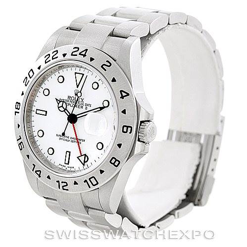 The image shows a 3/4 view of the Rolex Explorer 16570 Men's Stainless Steel White Dial 16570 Men's Stainless Steel White Dial watch, highlighting its face, bezel, and bracelet.