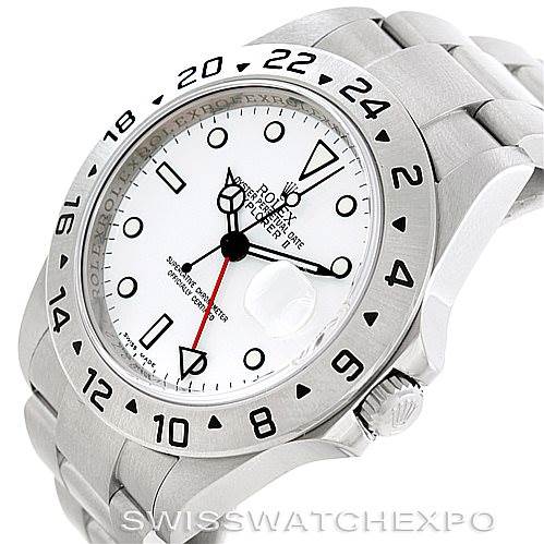 The image shows a Rolex Explorer 16570 Men's Stainless Steel White Dial 16570 Men's Stainless Steel White Dial watch at an angled front view, highlighting the dial, bezel, crown, and bracelet.