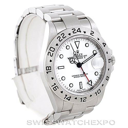 The Rolex Explorer 16570 Men's Stainless Steel White Dial 16570 Men's Stainless Steel White Dial model is shown at a three-quarter angle, highlighting its face, bezel, and part of the bracelet.