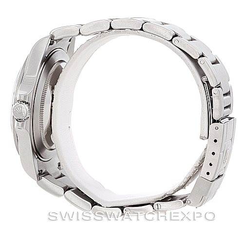 This side view shows the case and bracelet of the Rolex Explorer 16570 Men's Stainless Steel White Dial 16570 Men's Stainless Steel White Dial watch.