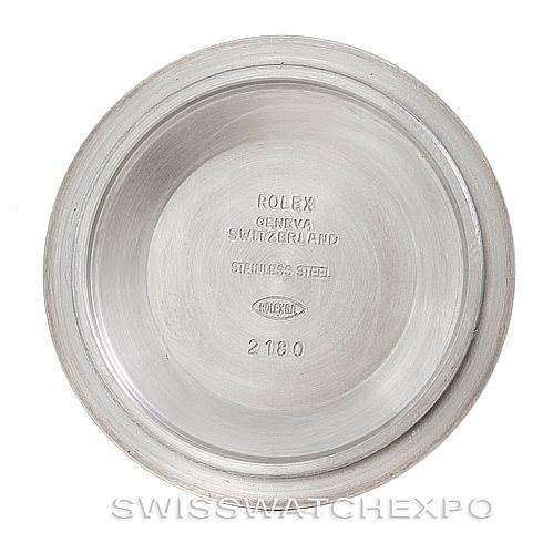 This image shows the inner case back of a Rolex Explorer 16570 Men's Stainless Steel White Dial 16570 Men's Stainless Steel White Dial model, with engraved details visible.