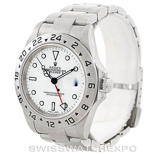 The image shows a front-left angle of a Rolex Explorer 16570 Men's Stainless Steel White Dial 16570 Men's Stainless Steel White Dial watch with a white dial, steel case, and bracelet.