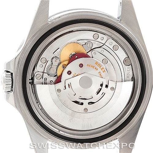 This image shows the movement and internal mechanism of a Rolex Explorer 16570 Men's Stainless Steel White Dial 16570 Men's Stainless Steel White Dial watch from a rear angle without the case back.