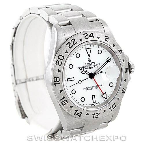 The image shows a front diagonal view of a Rolex Explorer 16570 Men's Stainless Steel White Dial 16570 Men's Stainless Steel White Dial watch, highlighting the dial, bezel, and part of the bracelet.