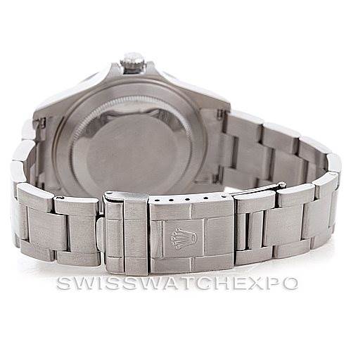 The image shows the back case and bracelet of the Rolex Explorer 16570 Men's Stainless Steel White Dial 16570 Men's Stainless Steel White Dial watch, highlighting the clasp with the Rolex logo.