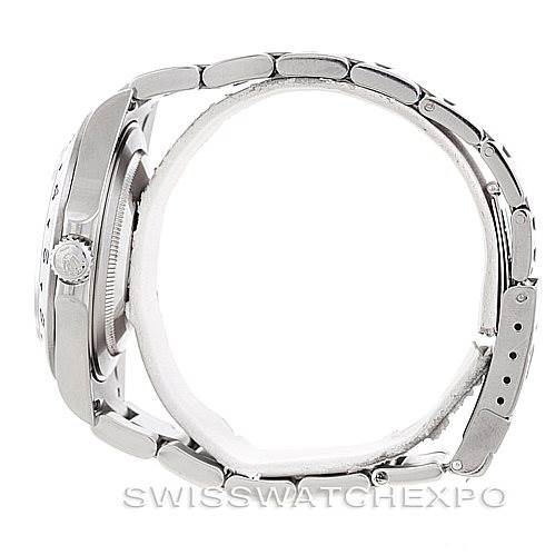 The image shows a side view of the Rolex Explorer 16570 Men's Stainless Steel White Dial 16570 Men's Stainless Steel White Dial watch, focusing on the bracelet, crown, and case profile.