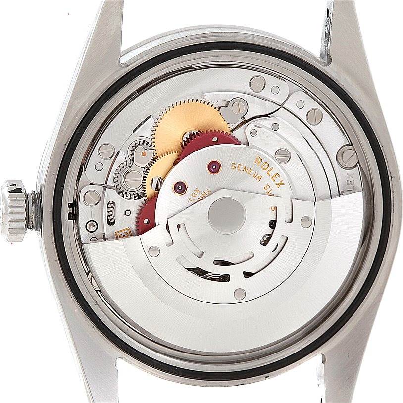 This image shows the inner mechanical movement of the Rolex Explorer 114270 Men's Stainless Steel Black Dial 114270 Men's Stainless Steel Black Dial watch from a rear, caseback-removed angle.