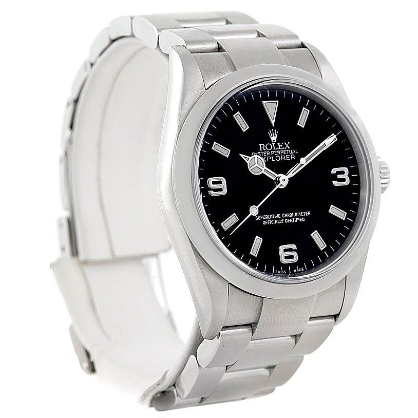 The Rolex Explorer 114270 Men's Stainless Steel Black Dial 114270 Men's Stainless Steel Black Dial watch is shown at a three-quarter angle, displaying the dial, bezel, crown, and part of the bracelet.