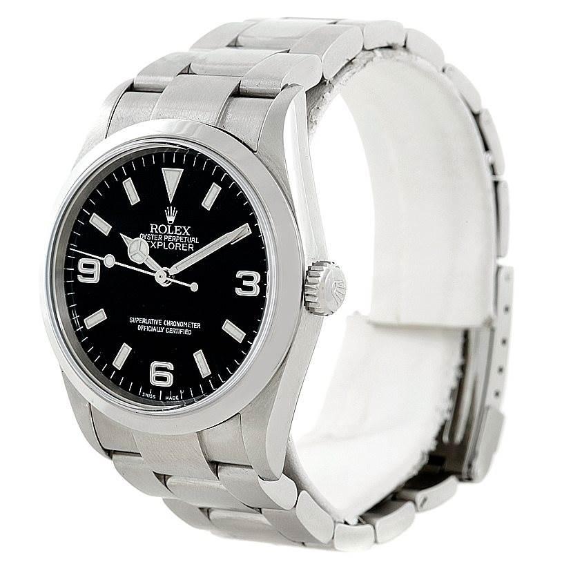 The image shows a Rolex Explorer 114270 Men's Stainless Steel Black Dial 114270 Men's Stainless Steel Black Dial watch at a slight angle, highlighting the face, bezel, crown, and bracelet.
