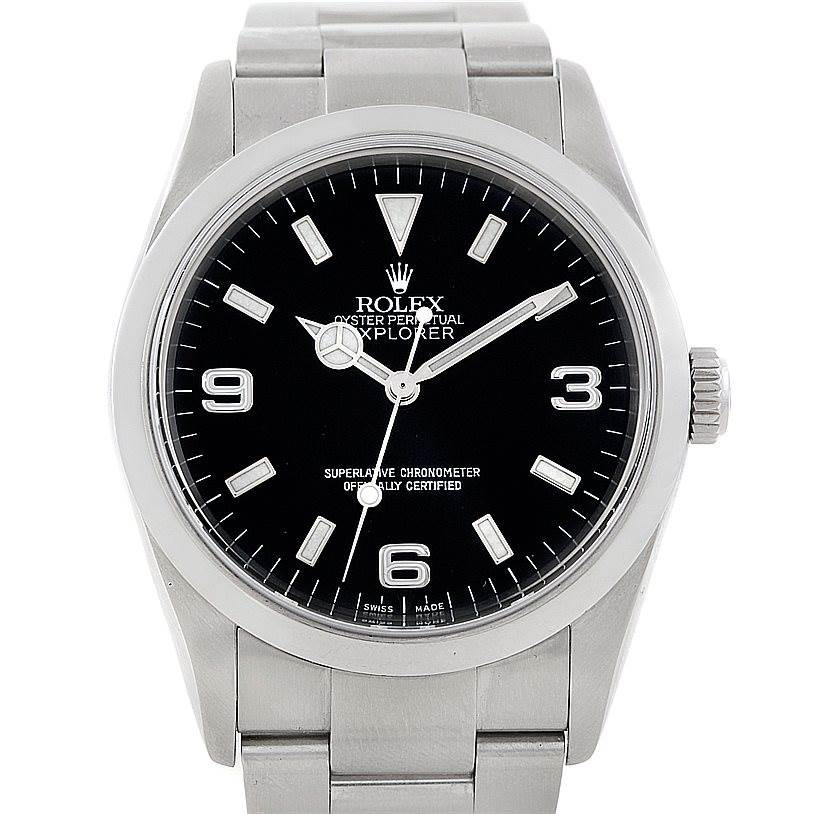 The image shows a front view of a Rolex Explorer 114270 Men's Stainless Steel Black Dial 114270 Men's Stainless Steel Black Dial watch, displaying the face, hands, bezel, and part of the bracelet.