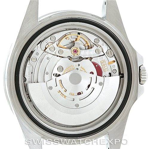 This image shows the back view of the Rolex Explorer 16570 Men's Stainless Steel Black Dial 16570 Men's Stainless Steel Black Dial watch, highlighting its internal mechanical movement.