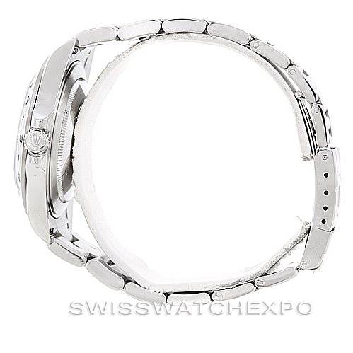 This Rolex Explorer 16570 Men's Stainless Steel Black Dial 16570 Men's Stainless Steel Black Dial model watch is shown from a side angle, displaying its bracelet and clasp.