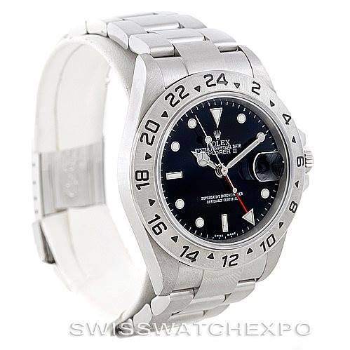 This image shows a side angle view of a Rolex Explorer 16570 Men's Stainless Steel Black Dial 16570 Men's Stainless Steel Black Dial watch, highlighting the bezel, dial, and bracelet.