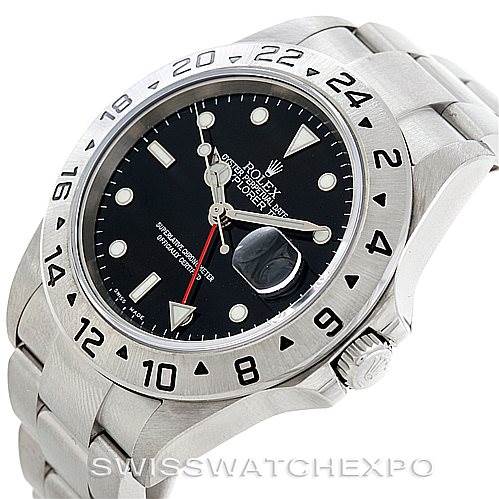 This image shows a Rolex Explorer 16570 Men's Stainless Steel Black Dial 16570 Men's Stainless Steel Black Dial watch from an angled view, highlighting the bezel, dial, and part of the bracelet.