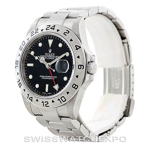 The image shows a three-quarter front view of a Rolex Explorer 16570 Men's Stainless Steel Black Dial 16570 Men's Stainless Steel Black Dial watch, highlighting its bezel, dial, crown, and bracelet.