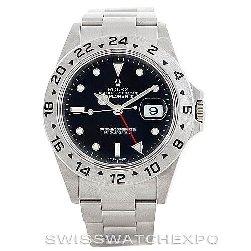 This image shows a front view of a Rolex Explorer 16570 Men's Stainless Steel Black Dial 16570 Men's Stainless Steel Black Dial watch, showcasing the dial, bezel, and bracelet.