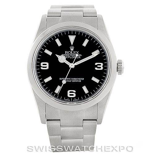 The image shows a front view of a Rolex Explorer 114270 Men
s Stainless Steel Black Dial 114270 Men
s Stainless Steel Black Dial watch, highlighting the dial, hands, crown, and stainless steel bracelet.