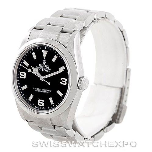 This image shows a frontal 3/4 view of a Rolex Explorer 114270 Men
s Stainless Steel Black Dial 114270 Men
s Stainless Steel Black Dial watch, highlighting its black dial, silver bracelet, and bezel.