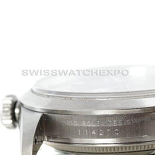 This image shows the side view of a Rolex Explorer 114270 Men
s Stainless Steel Black Dial 114270 Men
s Stainless Steel Black Dial watch, focusing on the crown and case number.