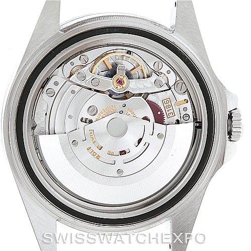This image shows the open case back of a Rolex Explorer 16570 Men's Stainless Steel Black Dial 16570 Men's Stainless Steel Black Dial watch, revealing its internal movement and mechanics.