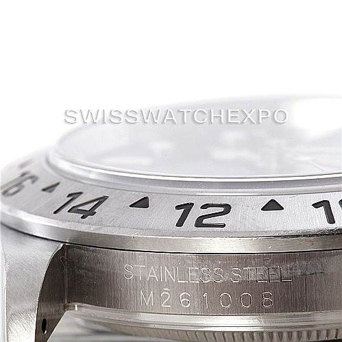 The image shows a close-up side view of the stainless steel case and bezel of a Rolex Explorer 16570 Men's Stainless Steel Black Dial 16570 Men's Stainless Steel Black Dial watch.