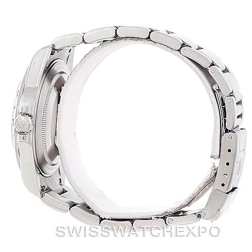 The image shows a side view of the Rolex Explorer 16570 Men's Stainless Steel Black Dial 16570 Men's Stainless Steel Black Dial model, displaying the bracelet, case, and crown.