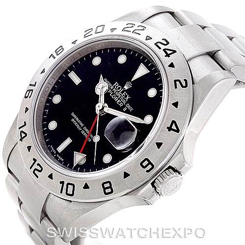 This image shows a Rolex Explorer 16570 Men's Stainless Steel Black Dial 16570 Men's Stainless Steel Black Dial watch at an angle, highlighting the bezel, dial, and part of the bracelet.