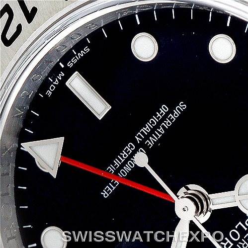 The image shows a close-up of the dial and hands of a Rolex Explorer 16570 Men's Stainless Steel Black Dial 16570 Men's Stainless Steel Black Dial watch, highlighting the markers and Swiss-made text.