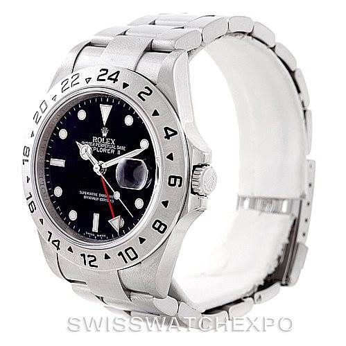 The image shows a side and front angle of the Rolex Explorer 16570 Men's Stainless Steel Black Dial 16570 Men's Stainless Steel Black Dial watch, highlighting the bezel, crown, dial, and bracelet.