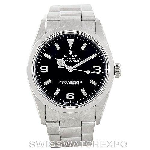 The image shows a front view of a Rolex Explorer 114270 Men
s Stainless Steel Black Dial 114270 Men
s Stainless Steel Black Dial watch, highlighting its dial, bezel, crown, and bracelet.