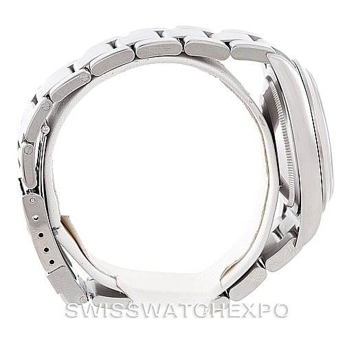 This image shows a side view of a Rolex Explorer 114270 Men's Stainless Steel Black Dial 114270 Men's Stainless Steel Black Dial watch, highlighting the bracelet, clasp, case, and partially the crown.